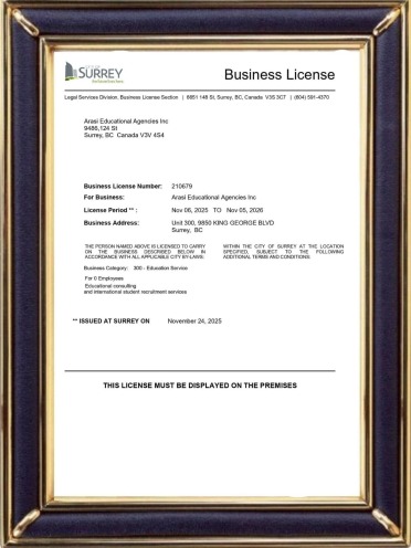 City License of Arasi Educational Agencies INC. (BC, Canada)